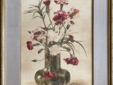 painting of flowers in a vase on a table in a gold frame