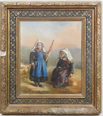 un tableau représentant deux femmes en robe bleue, debout l'une à côté de l'autre