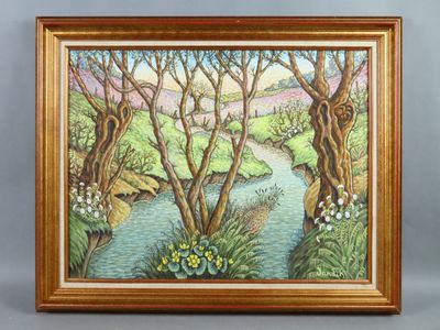a painting of a river surrounded by trees and flowers