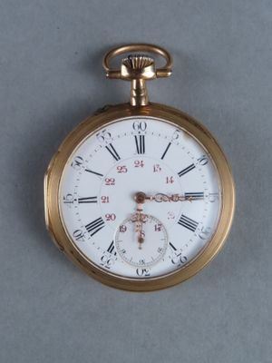 a gold pocket watch with roman numerals on it