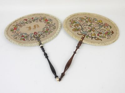 pair of hand painted fan with wooden handles and beading