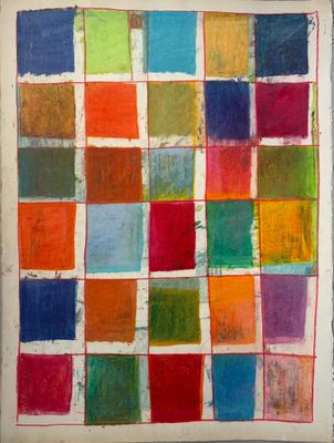 une peinture abstraite représentant des carrés de différentes couleurs sur une feuille de papier