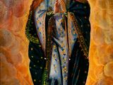 a painting of a woman in a blue dress with a bird above her head