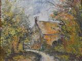 painting of a country road with a house in the background