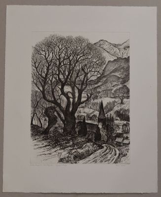 une image représentant un dessin en noir et blanc d'un arbre et d'une église