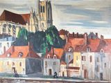 un tableau représentant un tableau d'une ville avec une église en arrière-plan