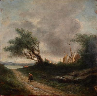 un vieux tableau représentant un homme marchant sur un chemin de terre