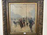 painting of a group of people walking down a street with a horse drawn carriage