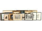 many framed pictures of people and animals on the wall