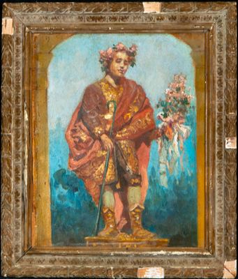an old painting of a man holding a bunch of flowers