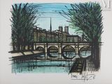 dessin représentant un pont enjambant une rivière, avec une tour horloge en arrière-plan