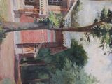 a painting of a house with a tree in front of it