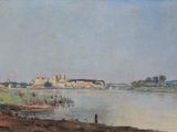 an image of a painting of a view of a river with a town in the distance