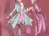 drawing of a woman in a pink dress and a man in a green coat