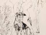 a black and white drawing of a goat and a bird