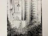 black and white drawing of a woman standing in front of a building