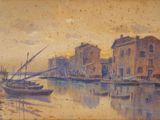 painting of boats in a harbor with buildings in the background