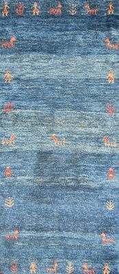 an area rug with a blue and red design on it