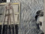 drawing of a man sitting in front of a easel with a painting on it