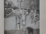 un dessin en noir et blanc représentant un homme et une femme promenant un chien