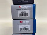 three boxes of corgi products are stacked on top of each other