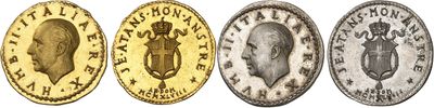 four different types of gold and silver coins on a white background