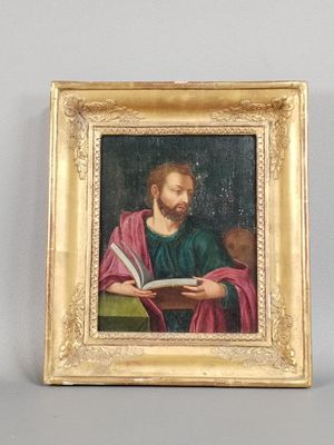 an image of a painting of jesus reading a book in a gold frame