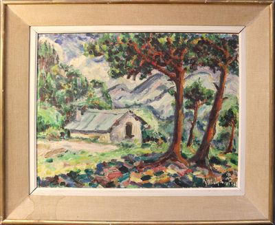 an image of a painting of a house and trees in a field
