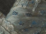 a painting of a woman in a blue dress holding a guitar