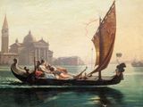 a painting of a gondola on the water with people on it