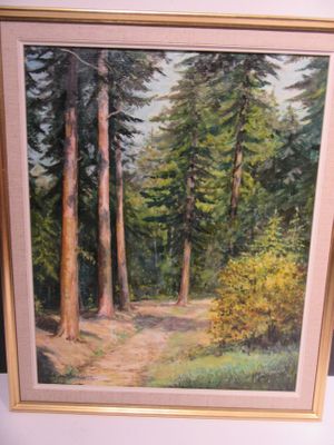 painting of a path in the woods with trees in the background
