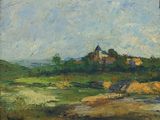 an oil painting of a landscape with a church in the distance