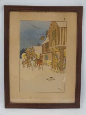 tableau représentant une calèche devant un bâtiment