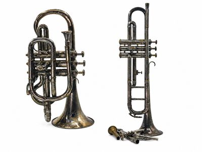 an image of a silver trumpet and a brass trumpet