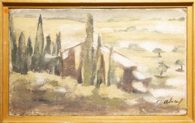 une image d'un tableau représentant un paysage avec des arbres au premier plan
