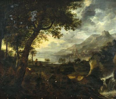une image représentant un tableau représentant un paysage de montagne avec une cascade
