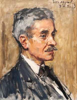 une peinture à l'huile représentant un homme en costume-cravate