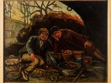 un tableau représentant deux hommes assis sur un banc