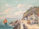 a painting of a boat on the water next to a building