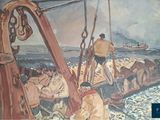 a painting of men on a boat in the water