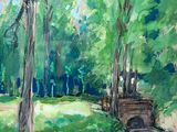 peinture représentant une peinture d'un parc avec des arbres et un banc