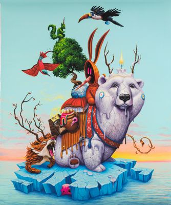 an image of a painting of a polar bear and other animals on an ice floe