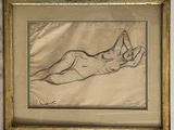 drawing of a nude woman laying on her back in a gold frame