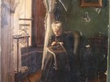 un vieux tableau représentant une femme assise sur une chaise dans une pièce