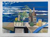 a painting of a bottle of alcohol and a glass on a table