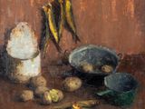 tableau représentant une nature morte composée de poissons, de pommes de terre et d'autres aliments