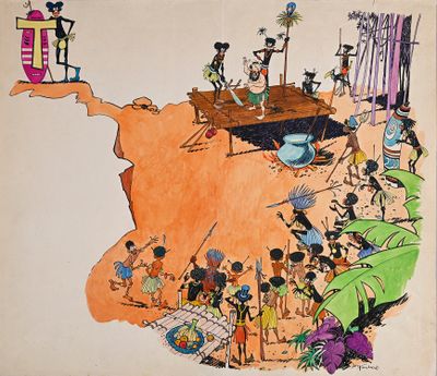 dessin humoristique représentant un groupe de personnes sur une plage, avec un bateau en arrière-plan