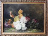 a painting of flowers in a vase on a table