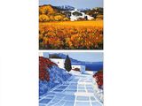 trois tableaux représentant une route de campagne avec des fleurs et des montagnes en arrière-plan