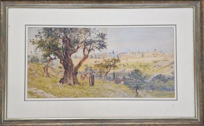 painting of a view of a city from a hill with a tree in the foreground and a man on a horse in the foreground
